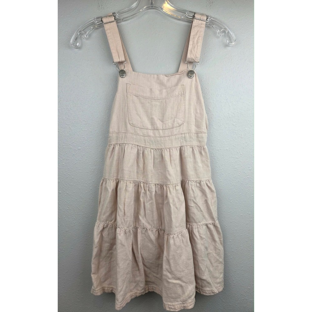 Zara Kids Girls Tan Natural Linen Blend Tiered Pinafore Overall Dress Size 9